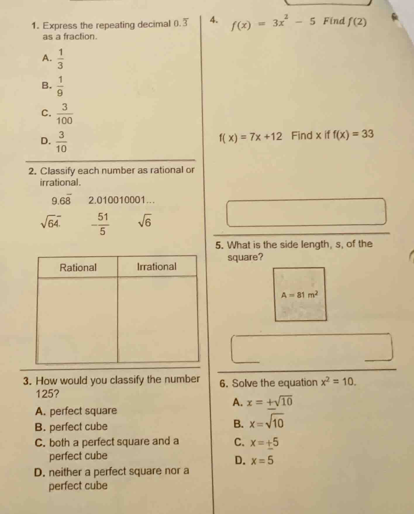 1. express the repeating decimal $0.overline{3}$ as a fraction. a. $dfr…