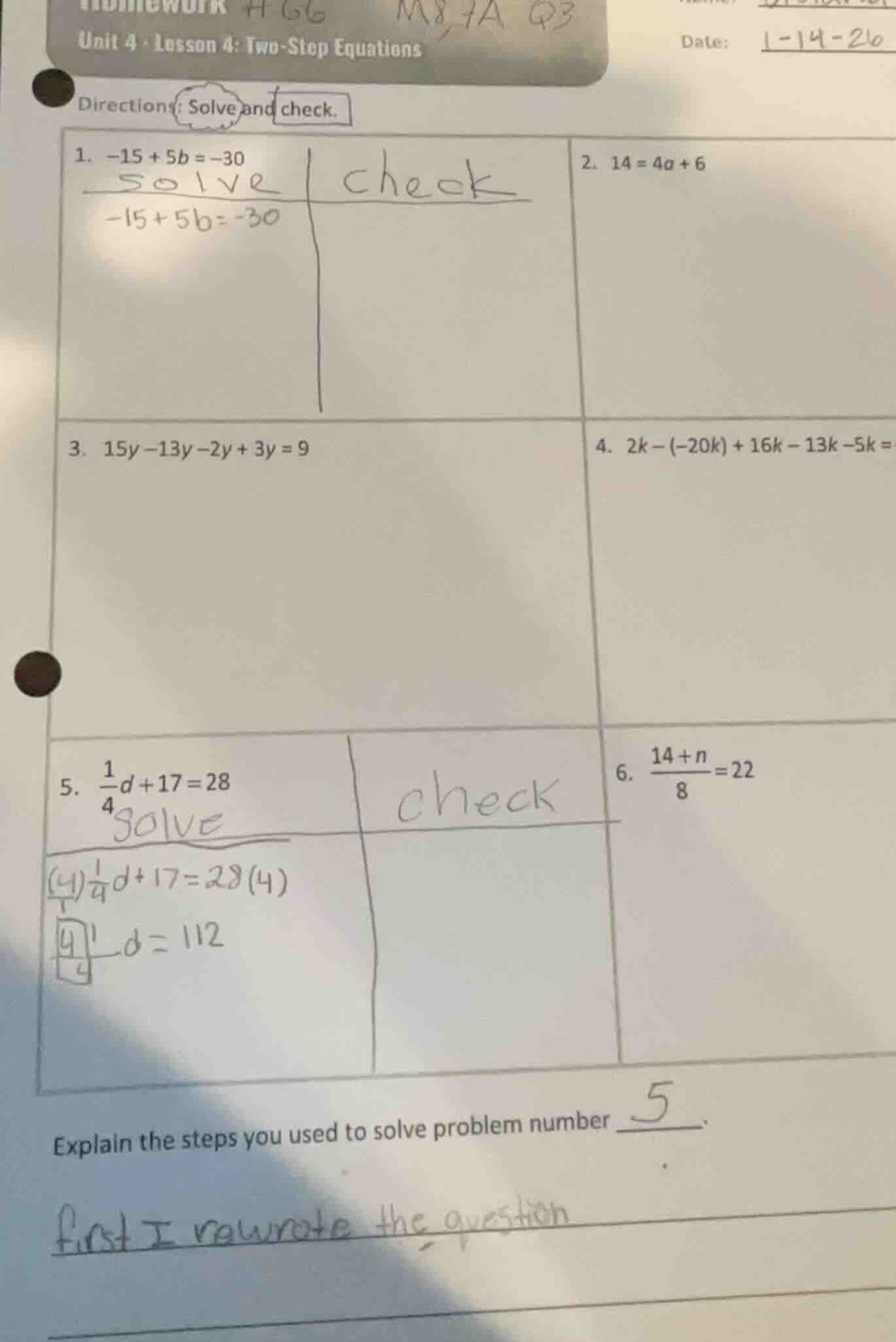 homework #66 m8,7a q3 unit 4 - lesson 4: two - step equations date: 1 -…