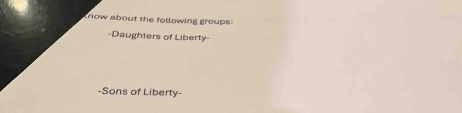 know about the following groups: -daughters of liberty- -sons of libert…