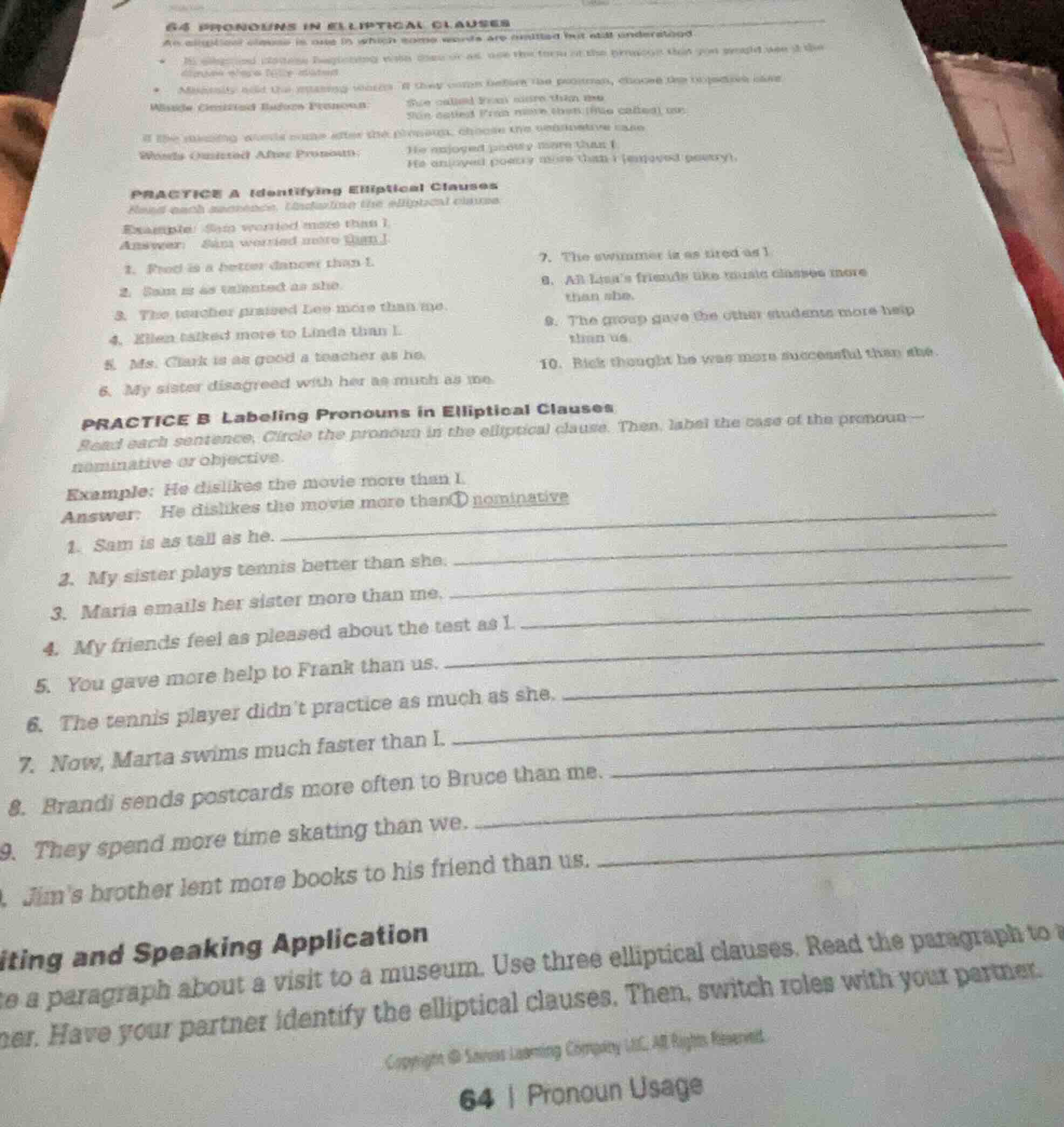 64 pronouns in elliptical clauses an elliptical clause is one in which …