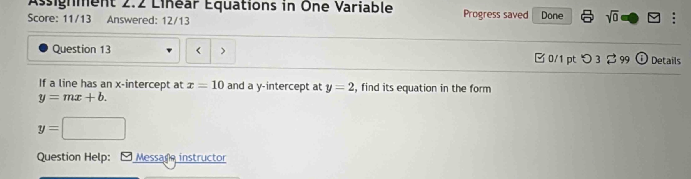 assignment 2.2 linear equations in one variable score: 11/13 answered: …