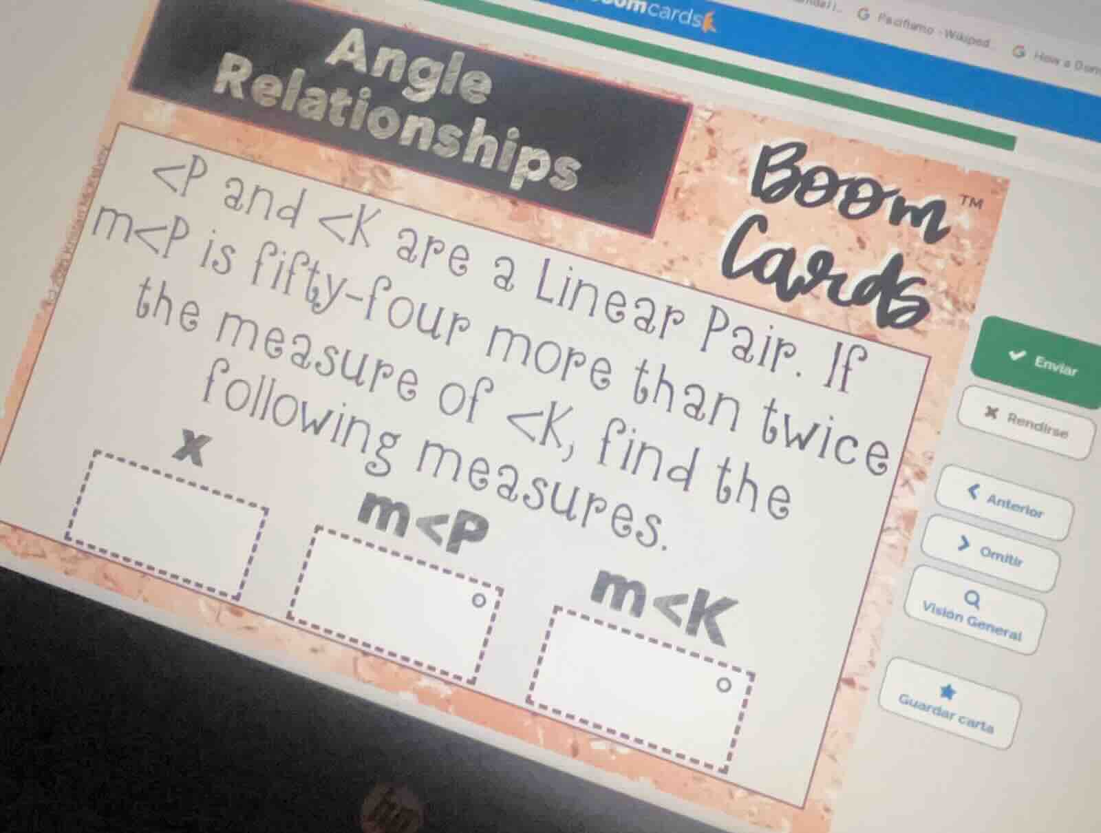 angle relationships < p and < k are a linear pair. if m< p is fifty - f…