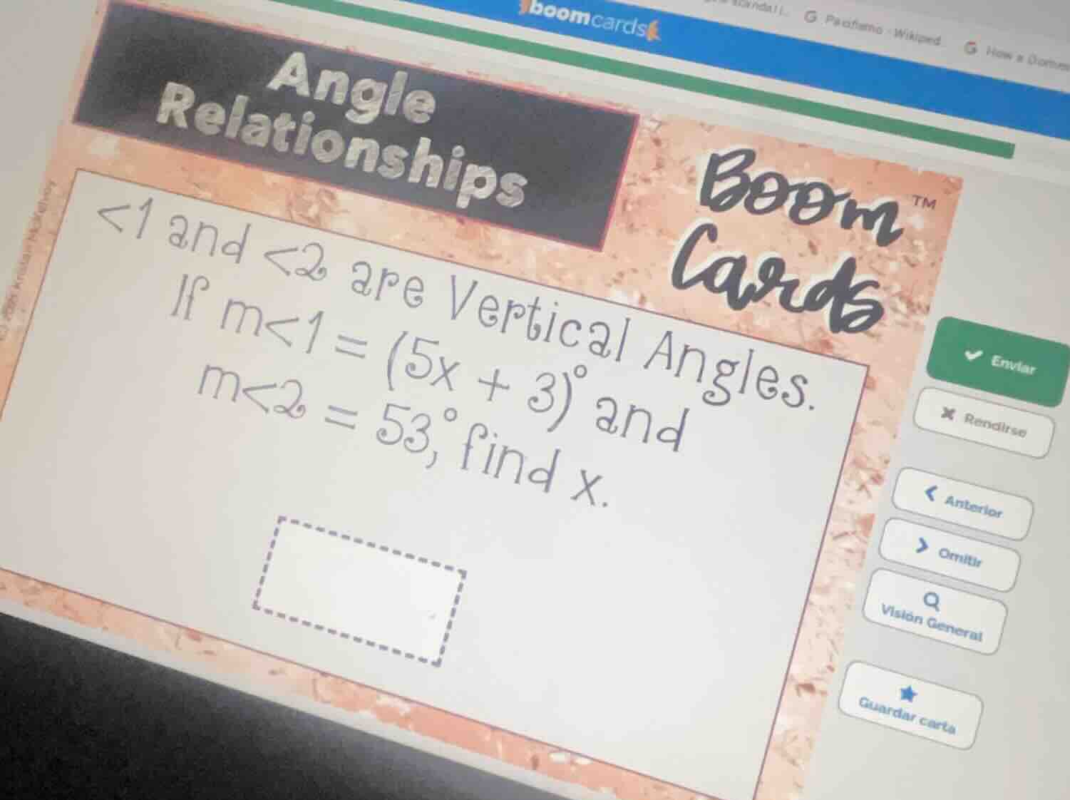 angle relationships <1 and <2 are vertical angles. if m<1 = (5x + 3)° a…
