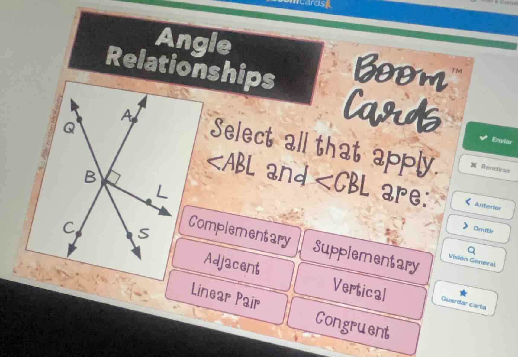 angle relationships boom cards select all that apply. ∠abl and ∠cbl are…