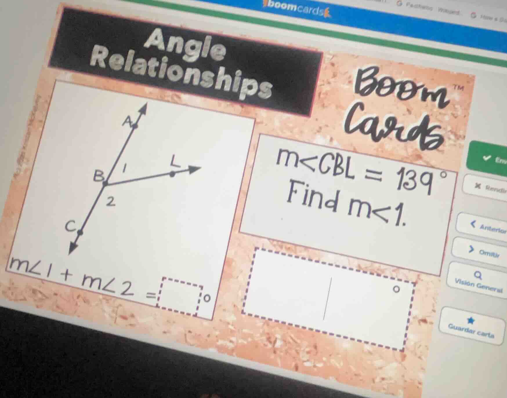 angle relationships m∠cbl = 139° find m∠1. (figure with angles at point…