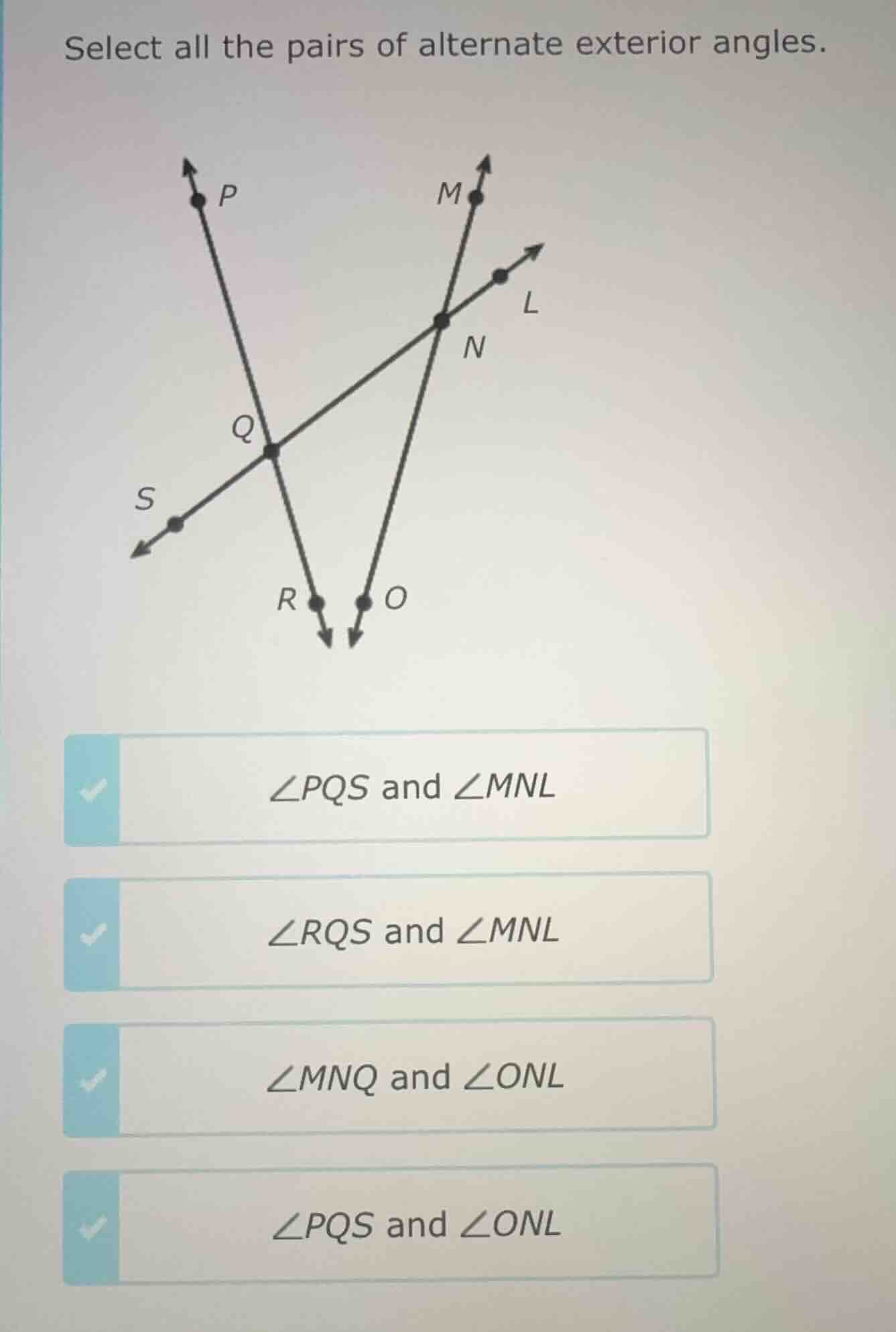 select all the pairs of alternate exterior angles. image of intersectin…