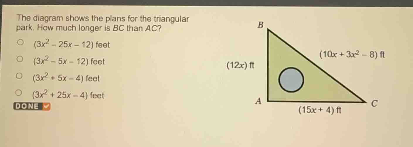 the diagram shows the plans for the triangular park. how much longer is…