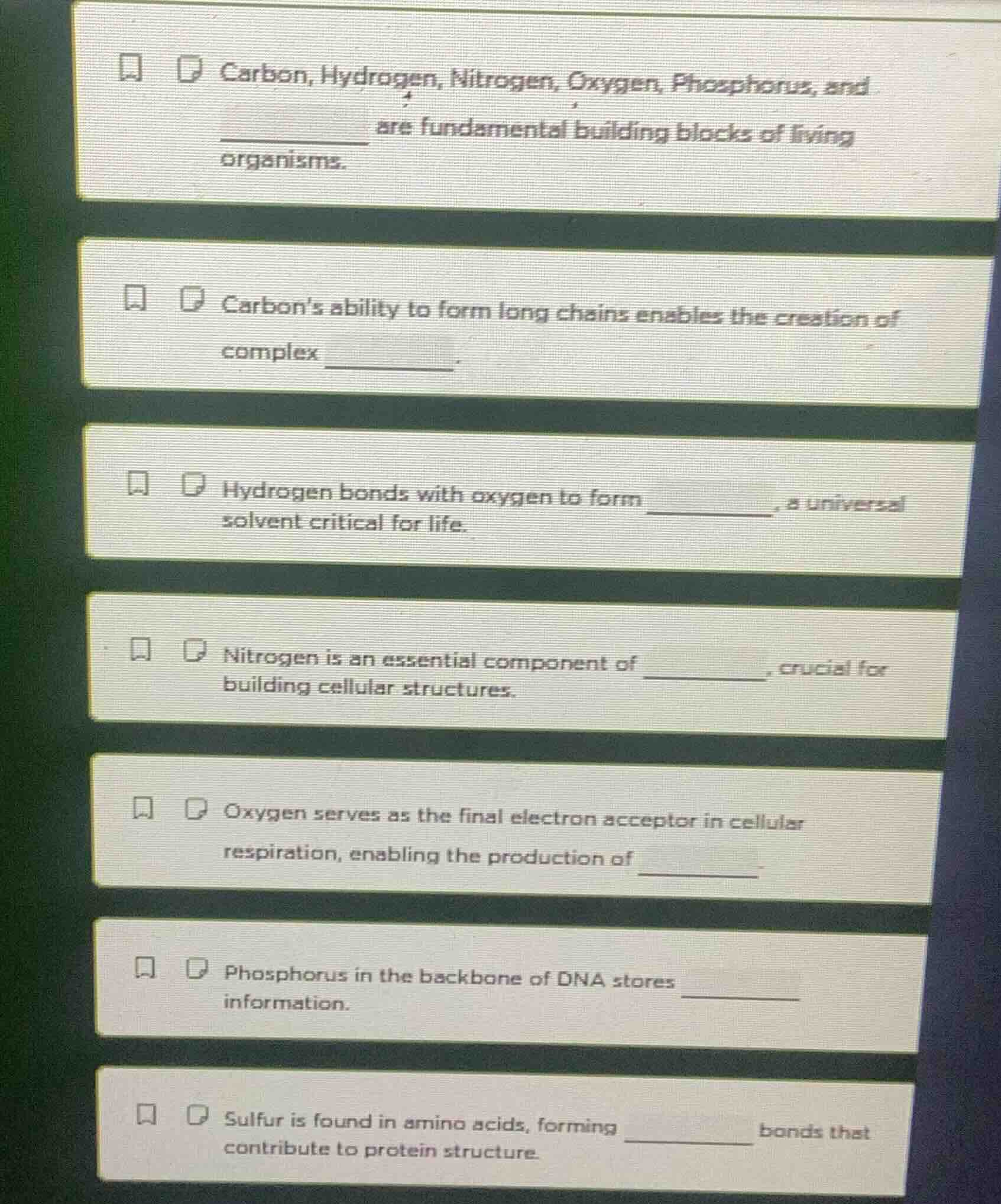 carbon, hydrogen, nitrogen, oxygen, phosphorus, and __________ are fund…