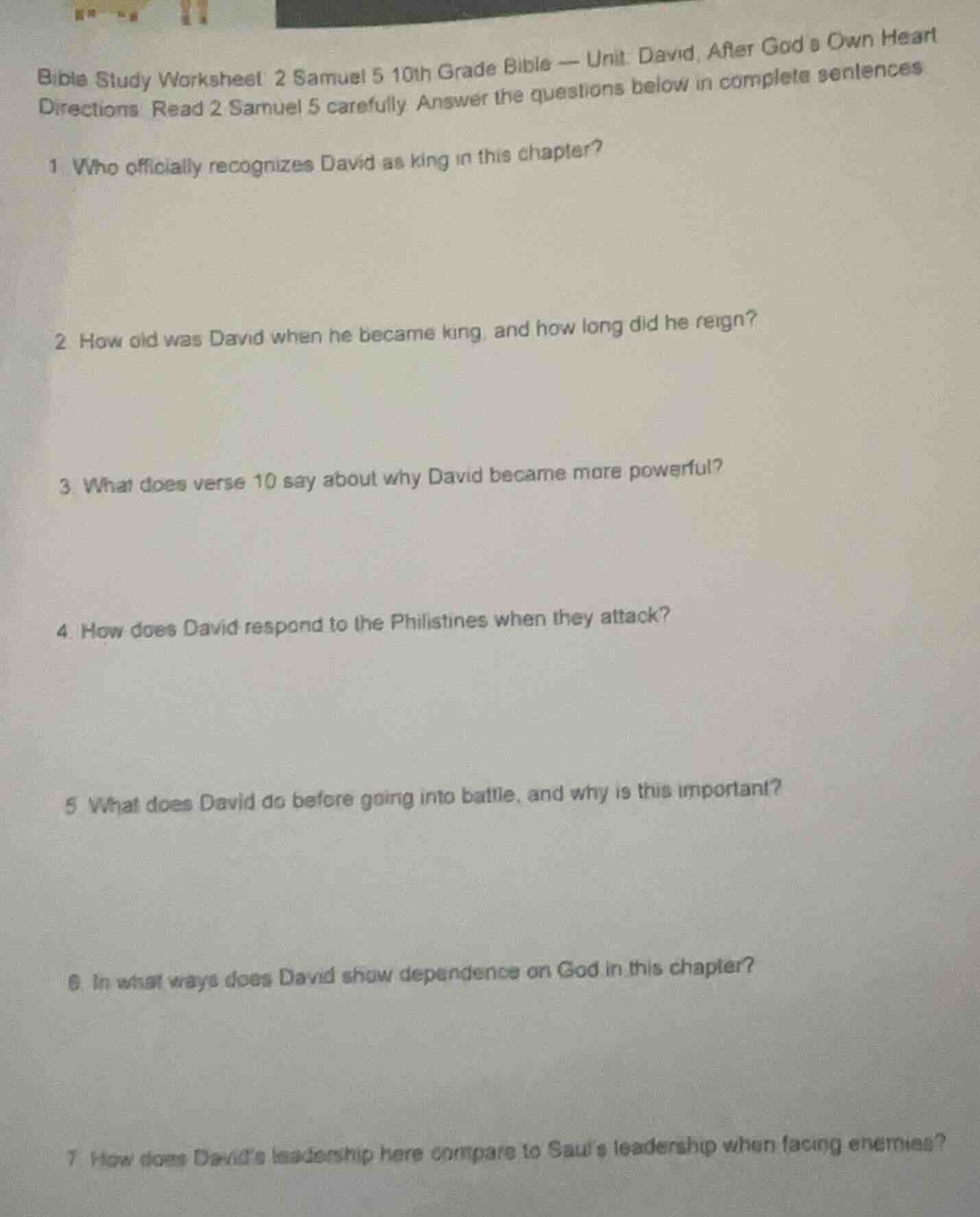 bible study worksheet 2 samuel 5 10th grade bible — unit: david, after …