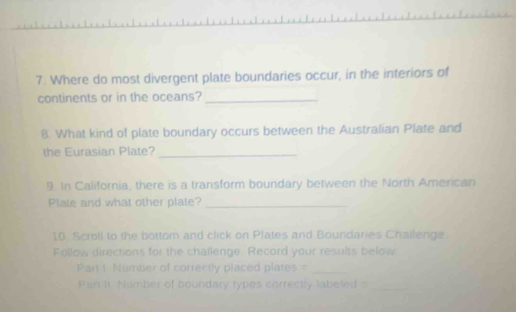7. where do most divergent plate boundaries occur, in the interiors of …