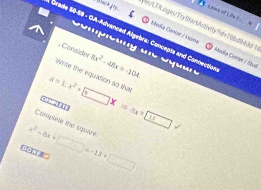 consider $8x^2 - 48x = -104$. write the equation so that a = 1 $x^2$ + …