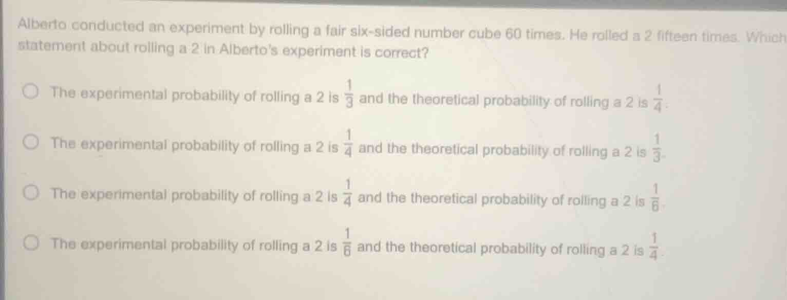 alberto conducted an experiment by rolling a fair six - sided number cu…