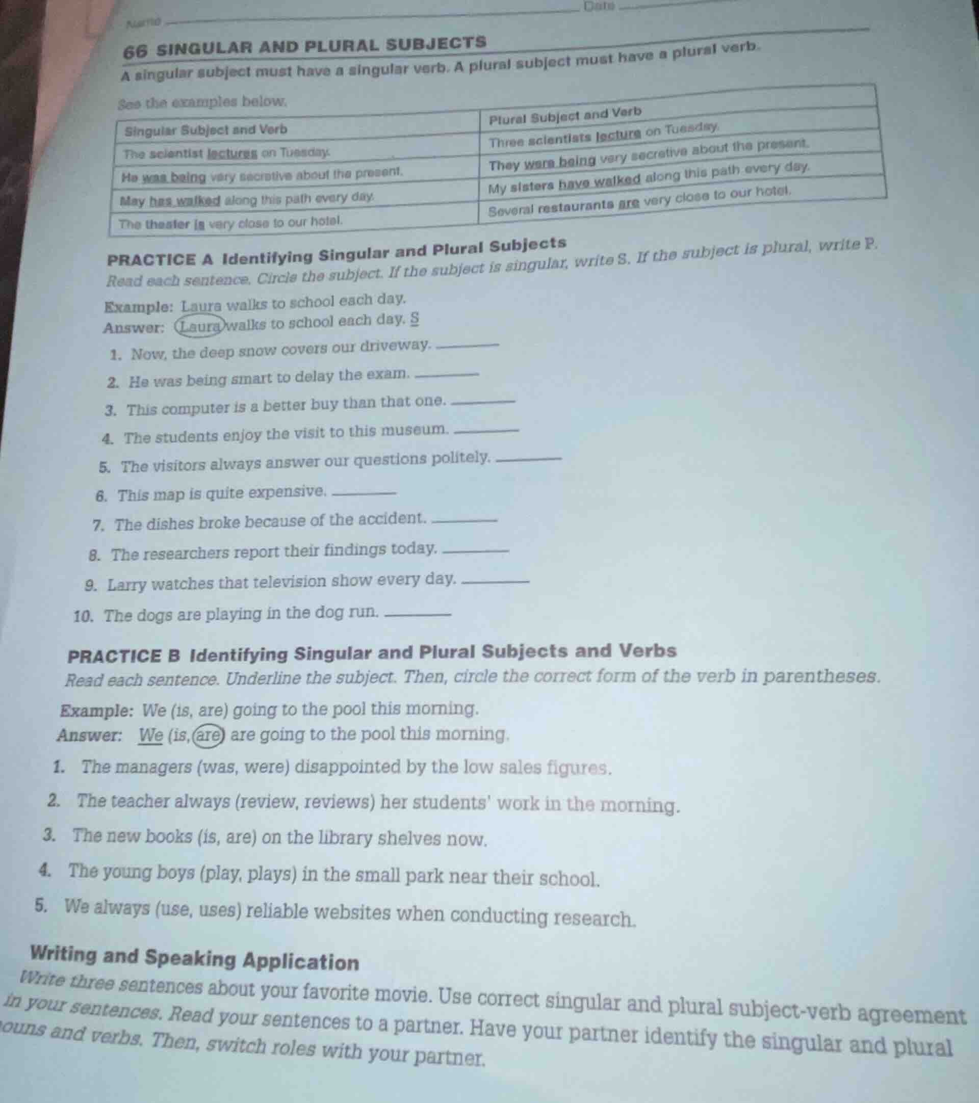 name ______ date ______ 66 singular and plural subjects a singular subj…