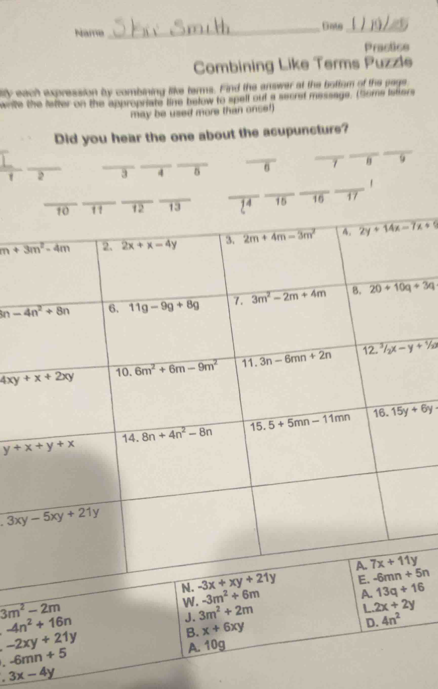 name ______ date ______ combining like terms puzzle practice simplify e…