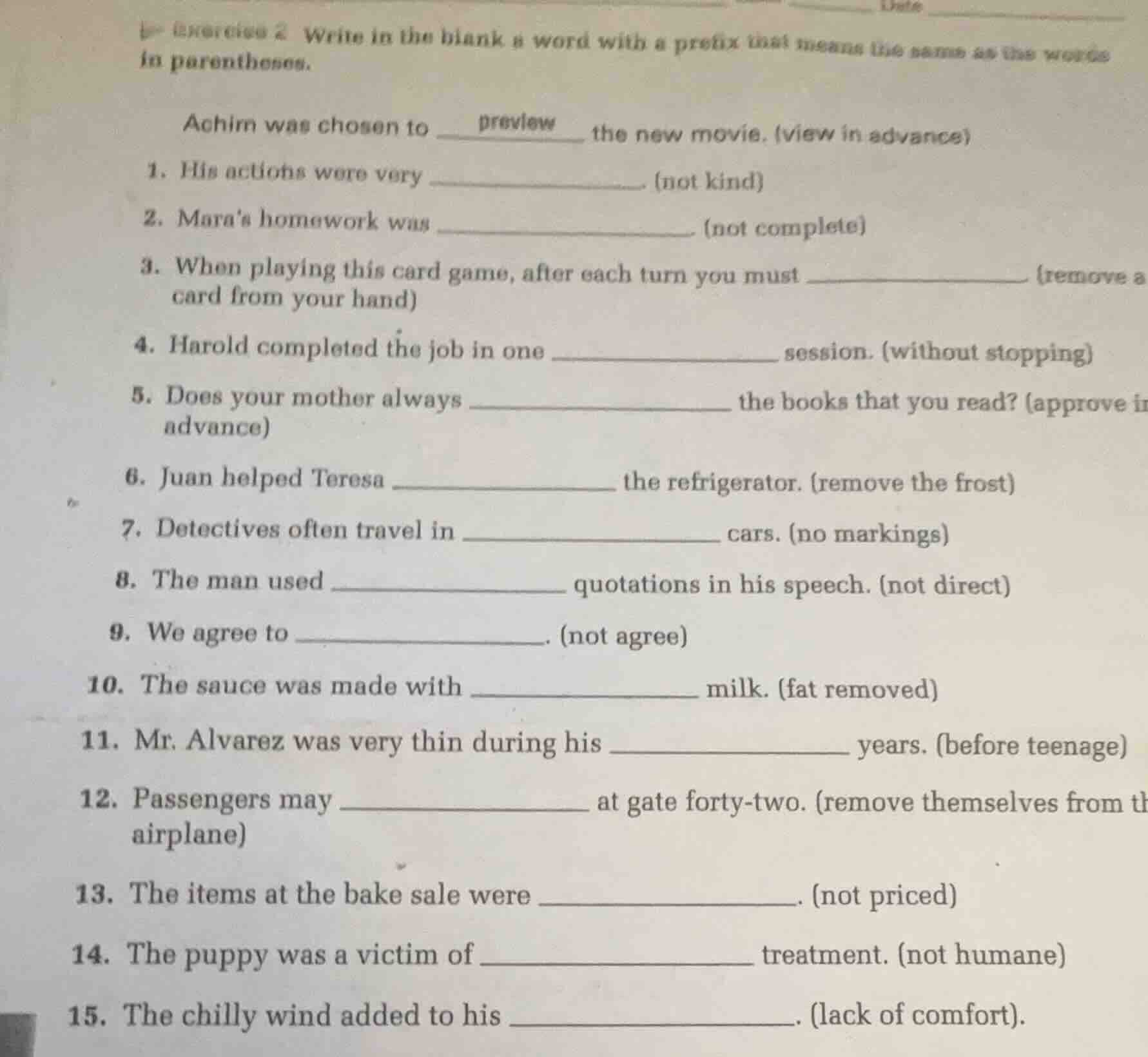 exercise 2 write in the blank a word with a prefix that means the same …