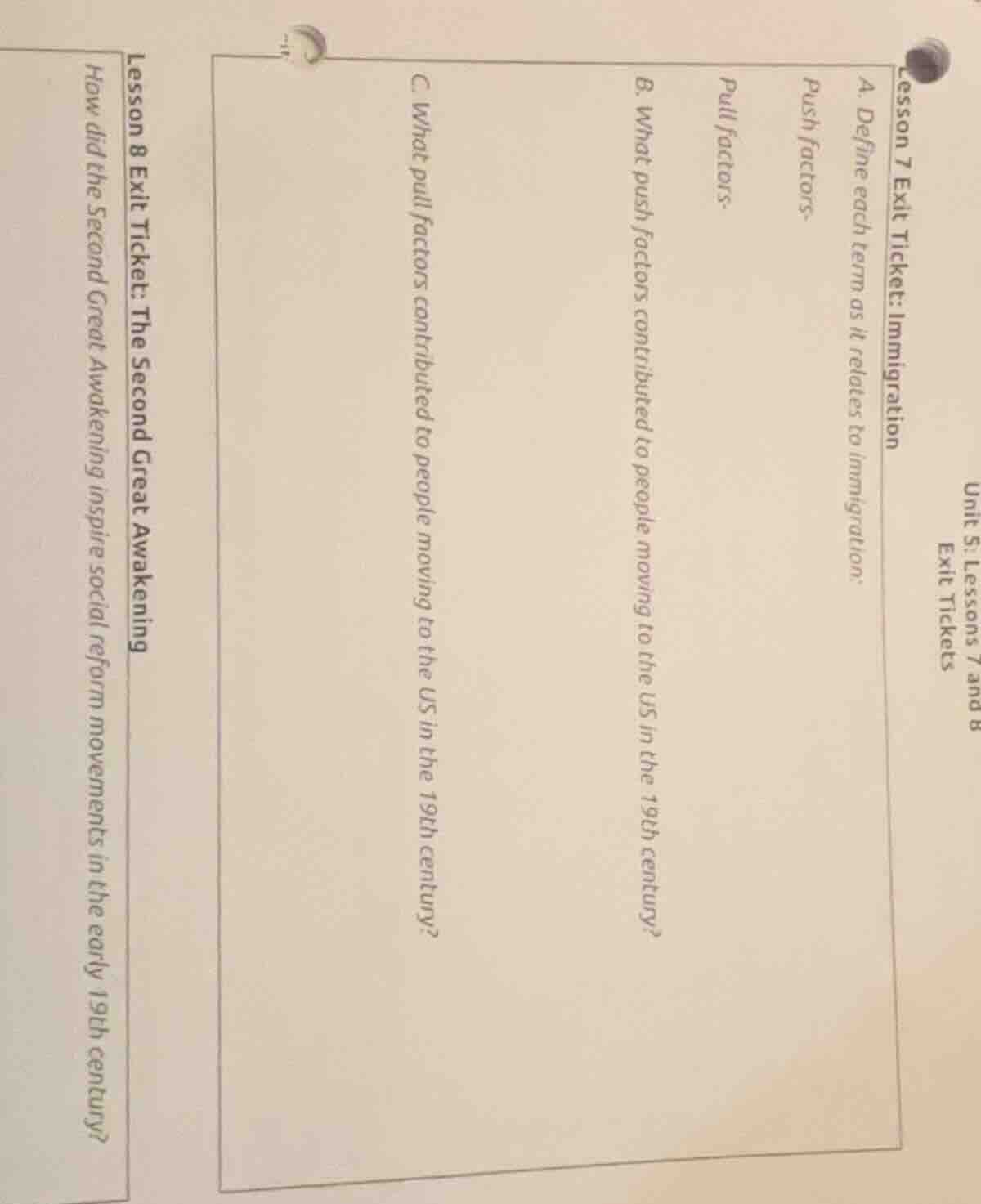 unit 5: lessons 7 and 8 exit tickets lesson 7 exit ticket: immigration …