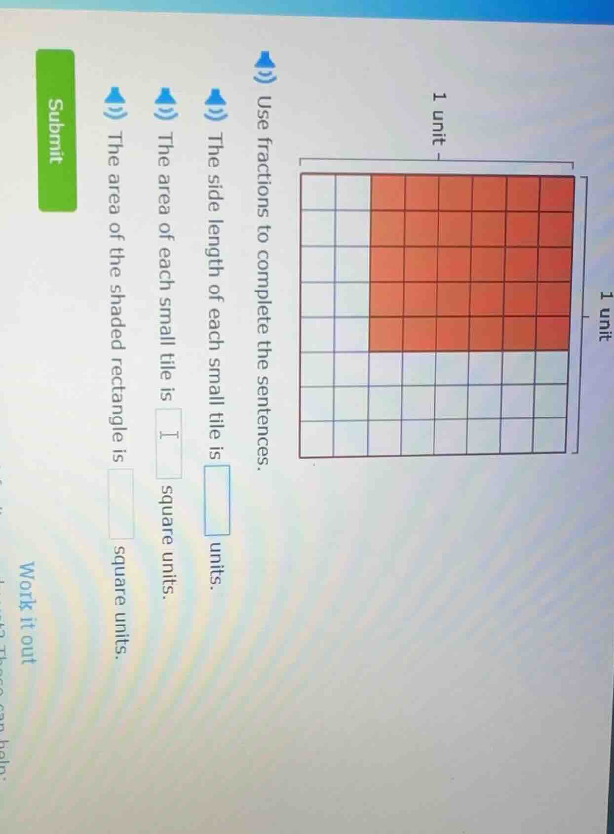 use fractions to complete the sentences. the side length of each small …