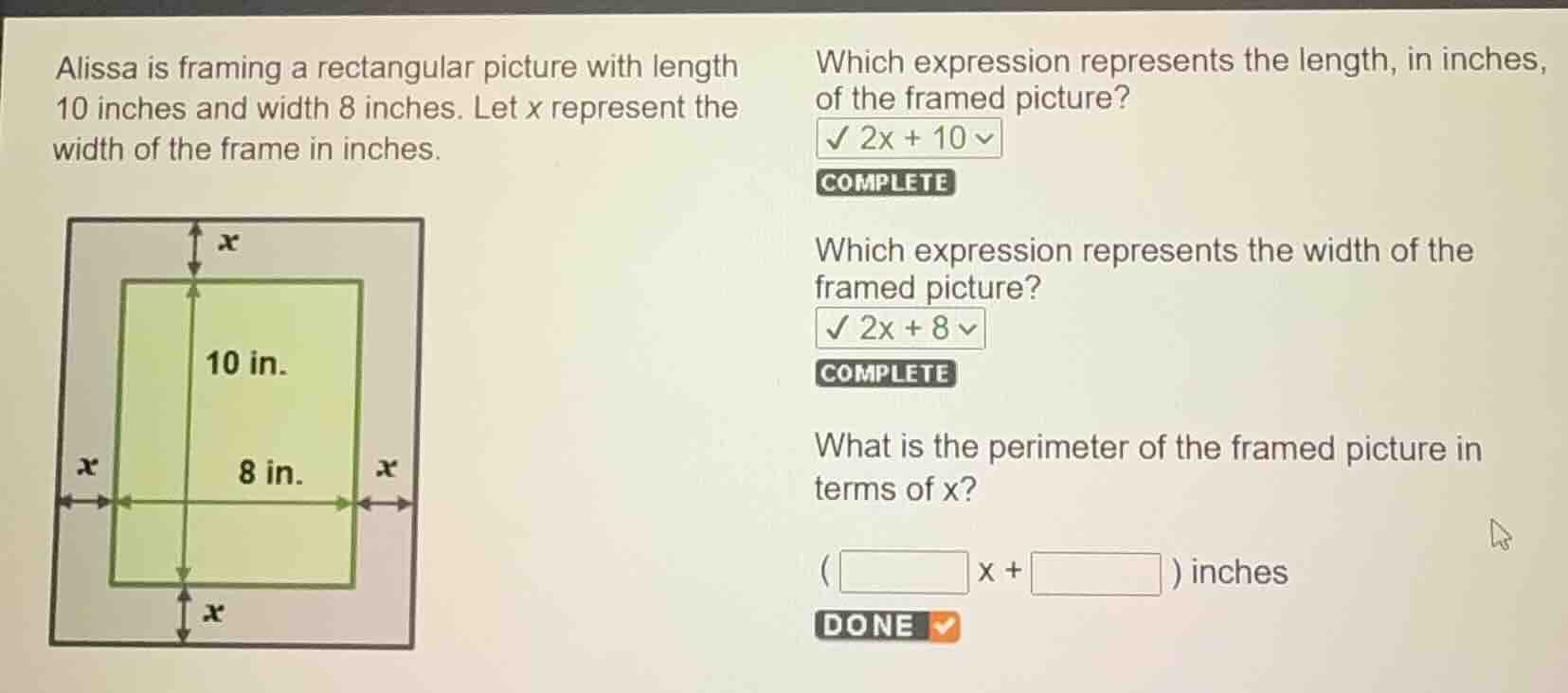 alissa is framing a rectangular picture with length 10 inches and width…