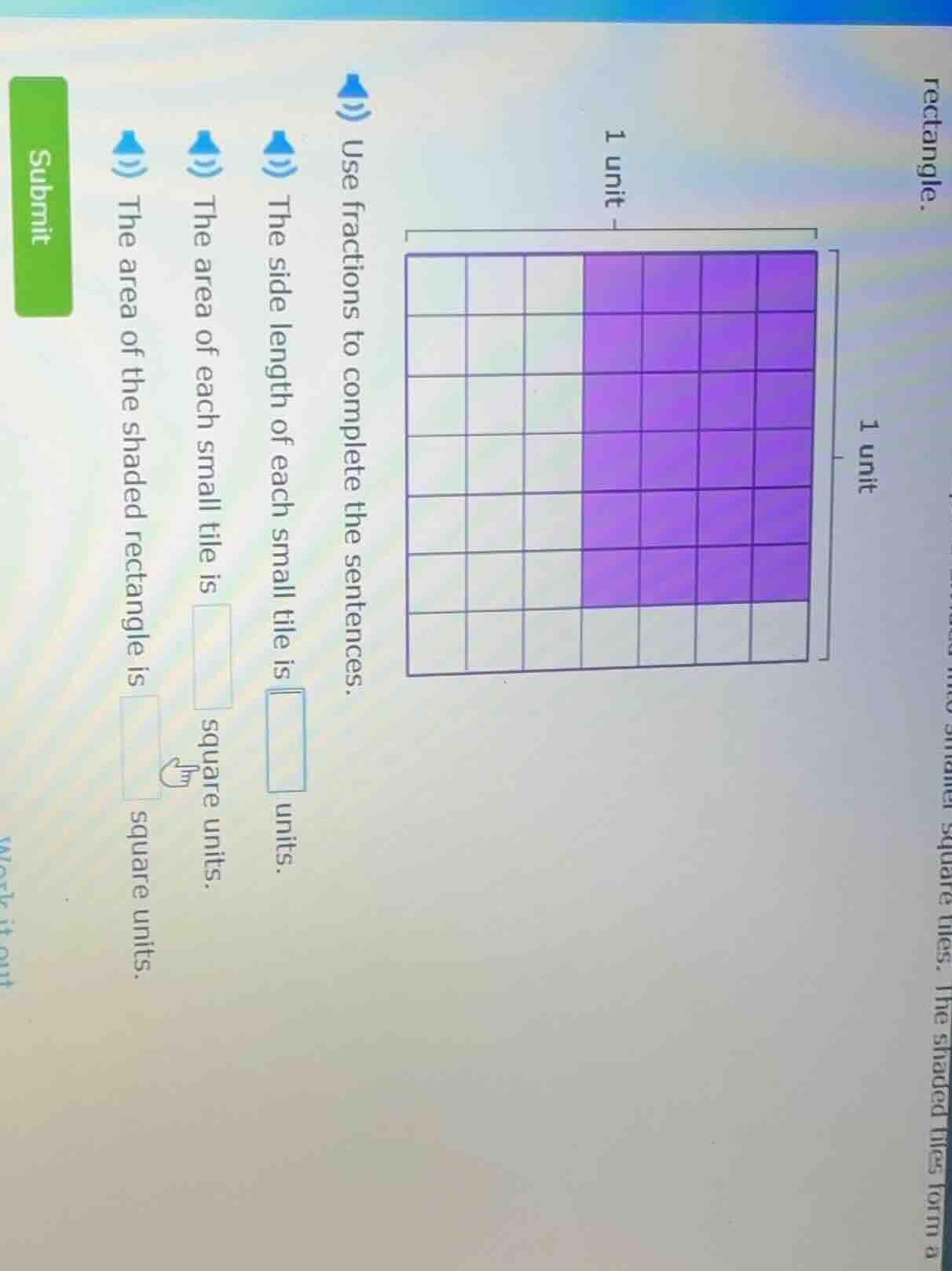 use fractions to complete the sentences. the side length of each small …