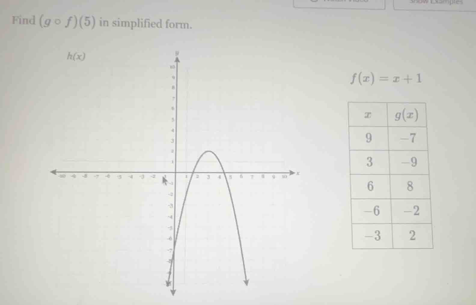 find $(g \\circ f)(5)$ in simplified form. $f(x) = x + 1$ | $x$ | $g(x)…