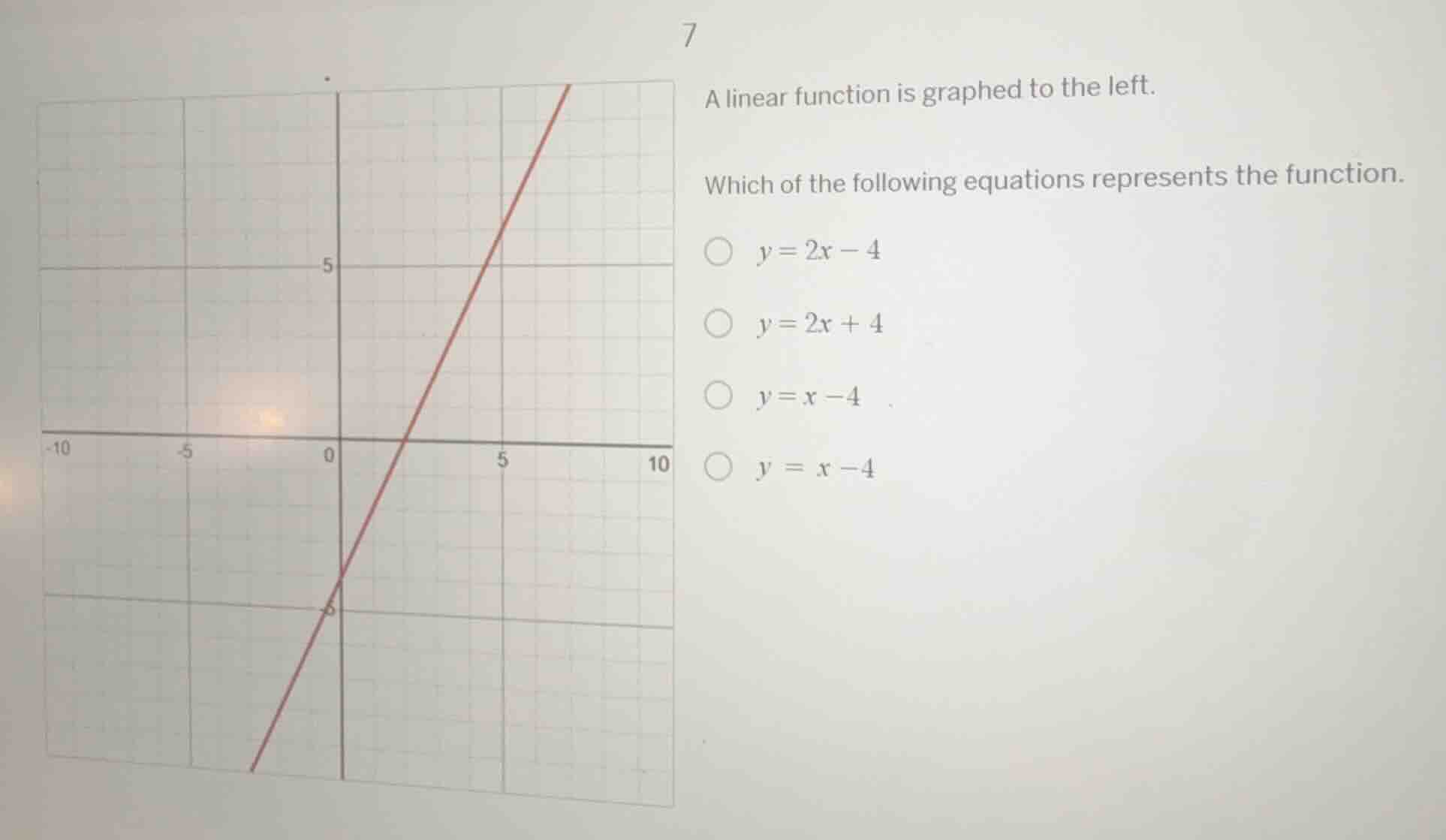 7 a linear function is graphed to the left. which of the following equa…