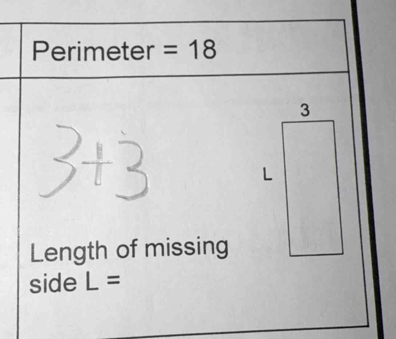 perimeter = 18 3+3 length of missing side l = (rectangle with width 3 a…
