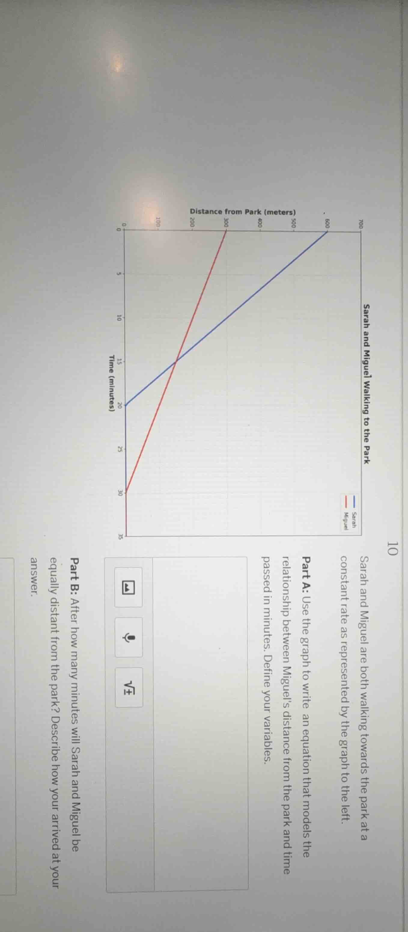 sarah and miguel are both walking towards the park at a constant rate a…