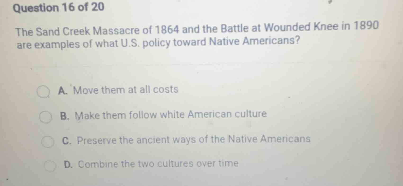 question 16 of 20 the sand creek massacre of 1864 and the battle at wou…