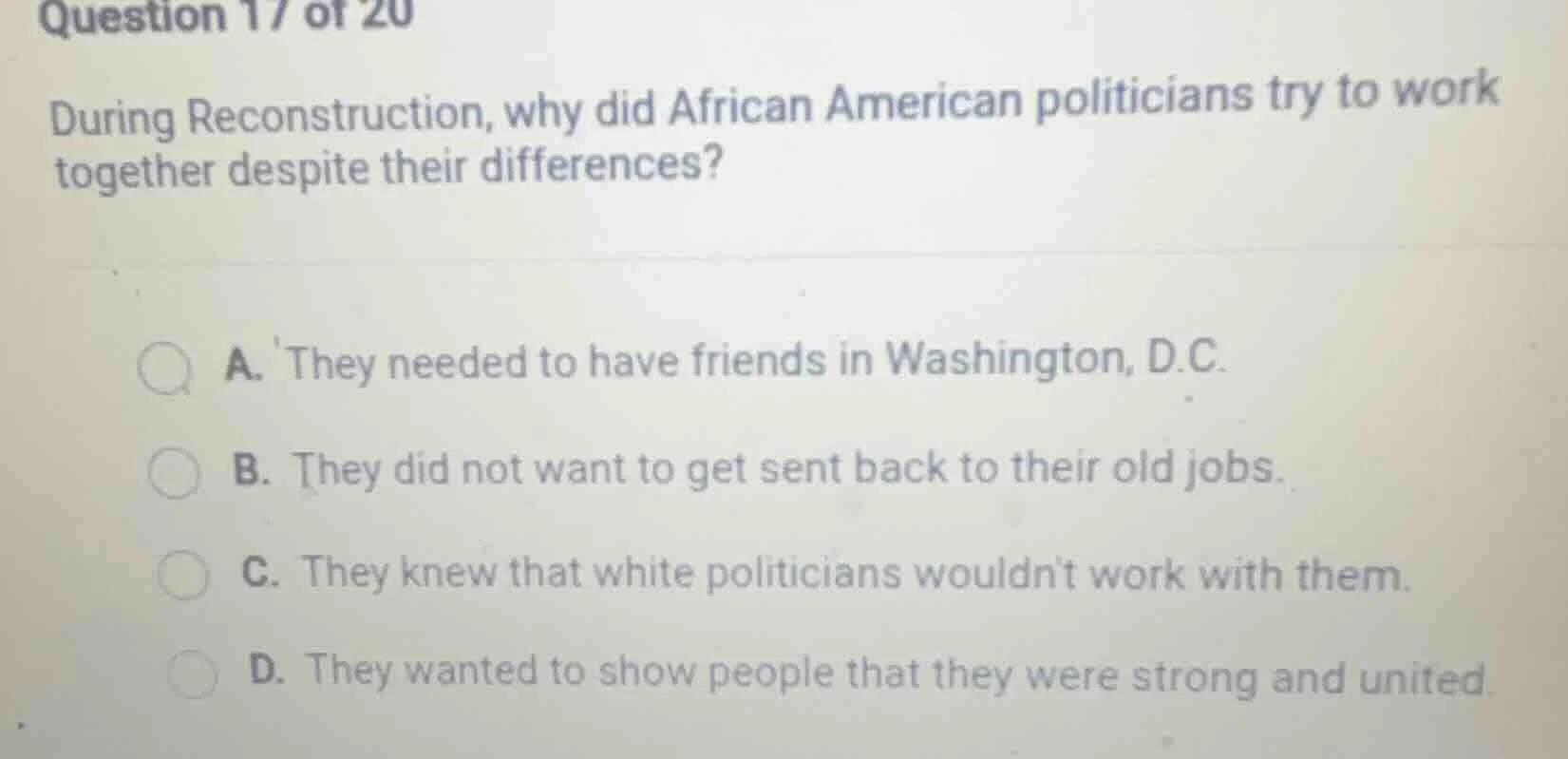 question 17 of 20 during reconstruction, why did african american polit…