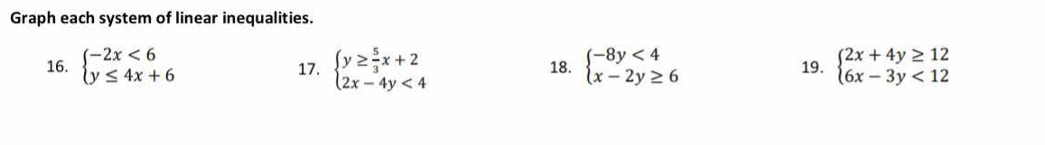 graph each system of linear inequalities. 16. \\(\\begin{cases} -2x < 6…