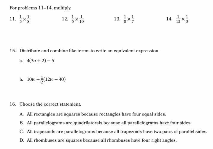 for problems 11-14, multiply: 11. $\frac{1}{5} \\times \\frac{1}{8}$ 12…