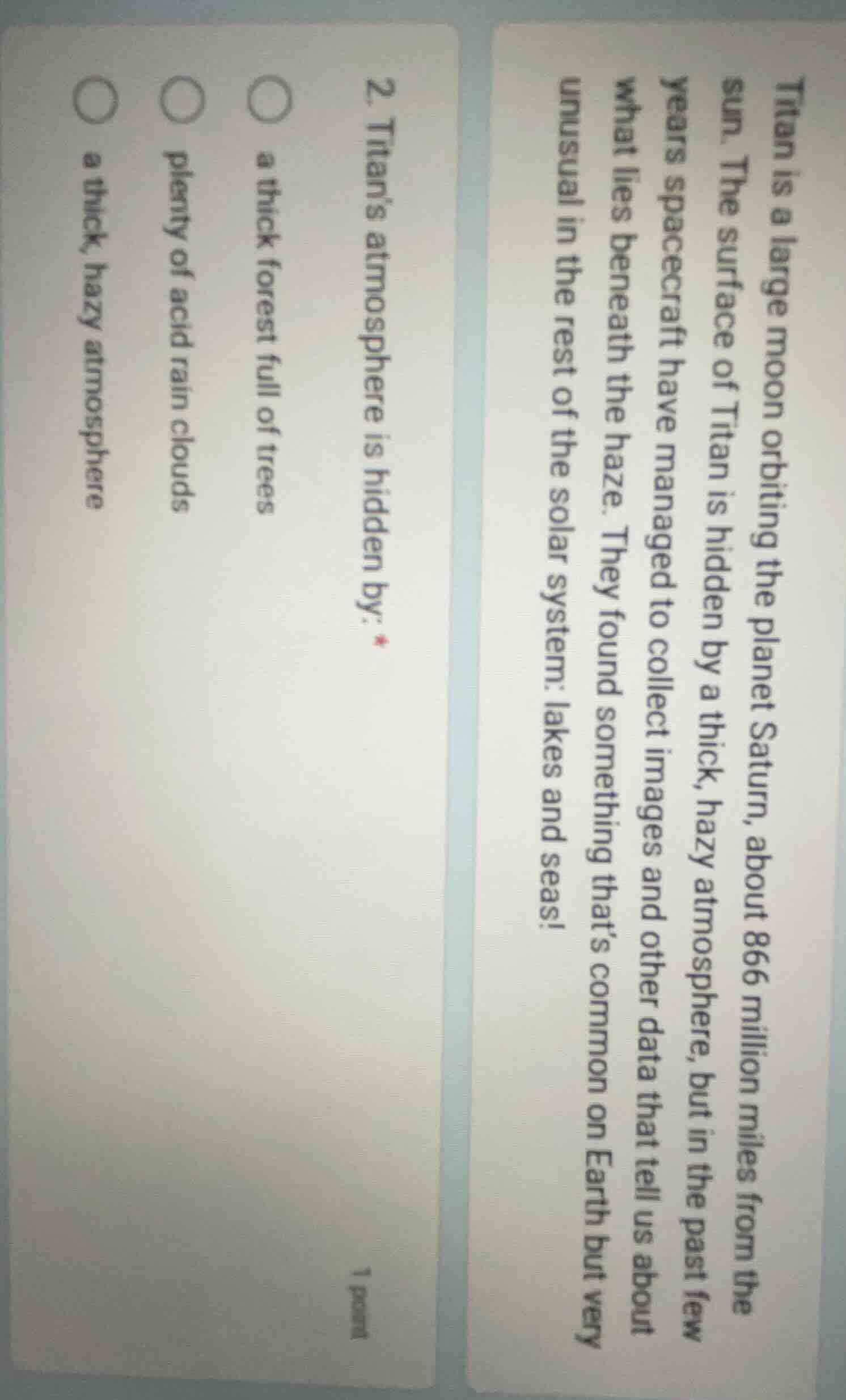 titan is a large moon orbiting the planet saturn, about 866 million mil…