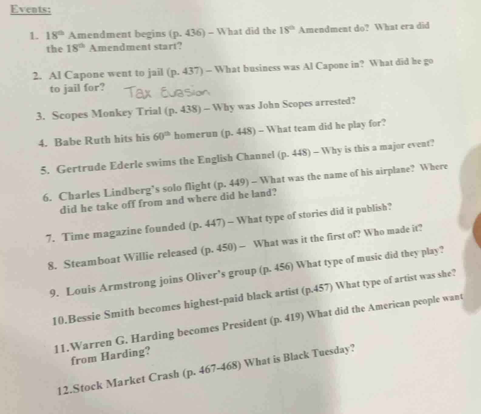 events: 1. $18^{th}$ amendment begins (p. 436) – what did the $18^{th}$…
