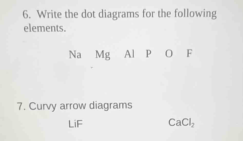 6. write the dot diagrams for the following elements. na mg al p o f 7.…