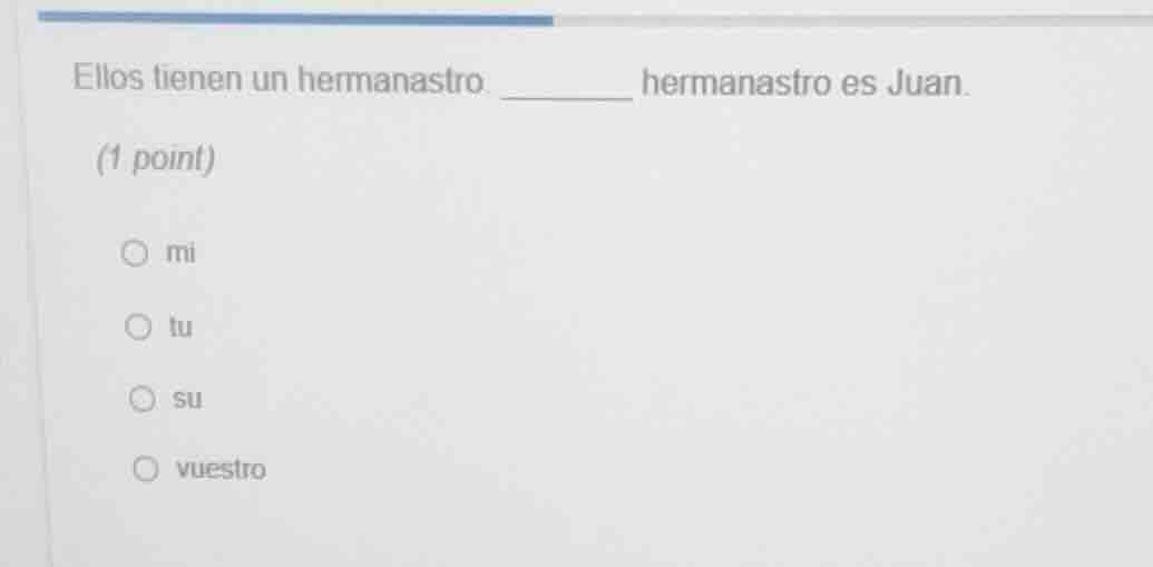 ellos tienen un hermanastro. ______ hermanastro es juan. (1 point) ○ mi…
