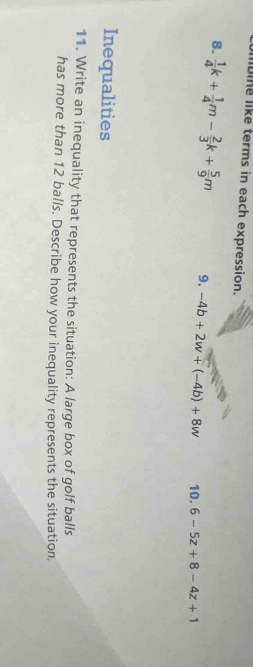 8. \\(\frac{1}{4}k + \frac{1}{4}m - \frac{2}{3}k + \frac{5}{9}m\\) 9. \…