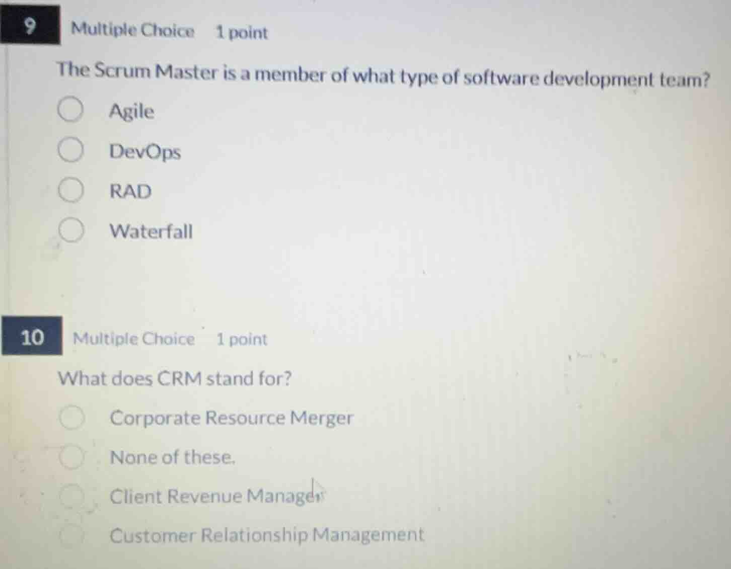 9 multiple choice 1 point the scrum master is a member of what type of …