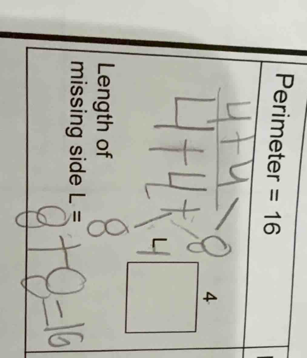 perimeter = 16 length of missing side l = (there is a square - like fig…