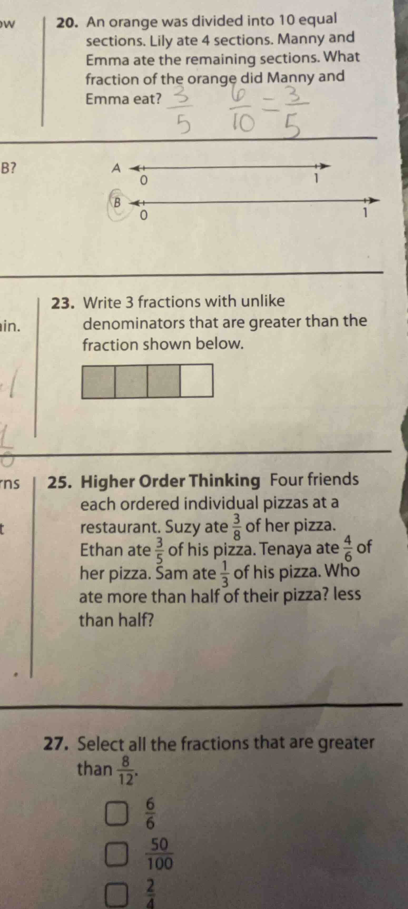 20. an orange was divided into 10 equal sections. lily ate 4 sections. …