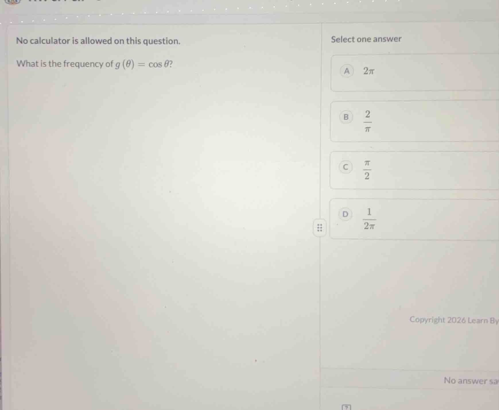 no calculator is allowed on this question. what is the frequency of $g(…