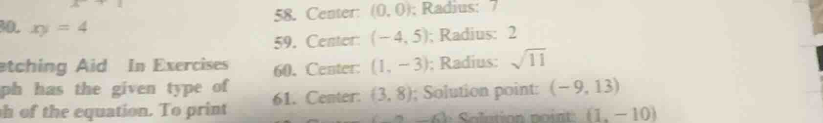 58. center: (0, 0); radius: 7 59. center: (-4, 5); radius: 2 60. center…