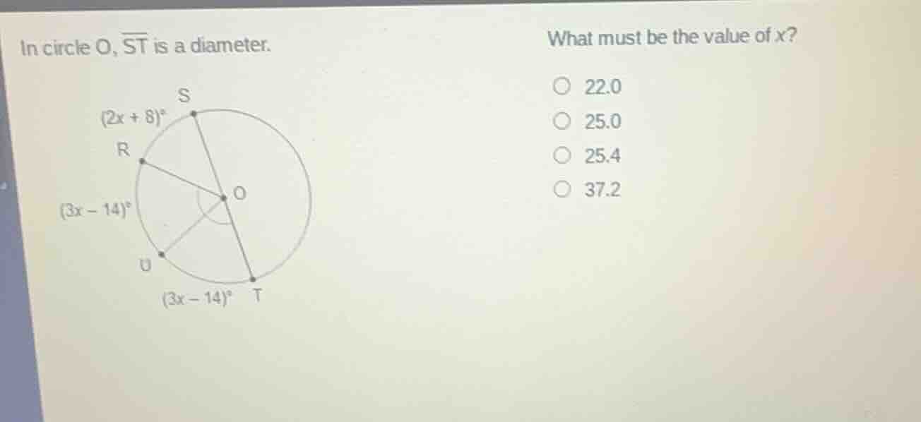 in circle o, \\(\\overline{st}\\) is a diameter. what must be the value…