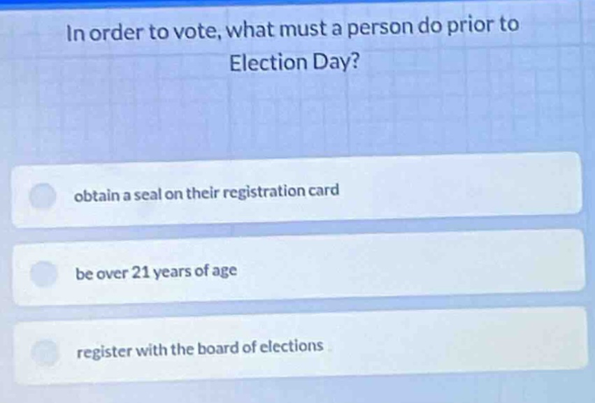 in order to vote, what must a person do prior to election day? obtain a…