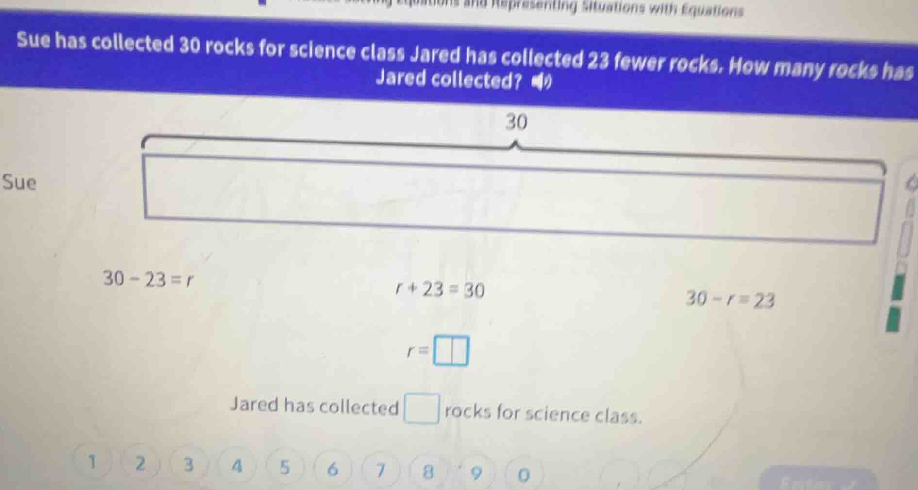 sue has collected 30 rocks for science class jared has collected 23 few…