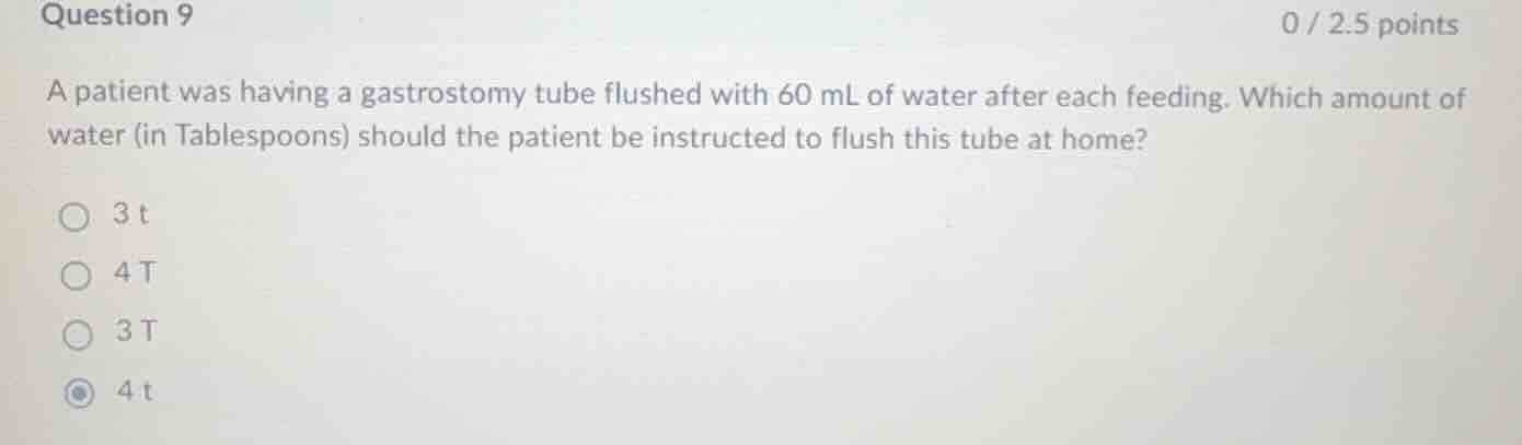 question 9 0 / 2.5 points a patient was having a gastrostomy tube flush…