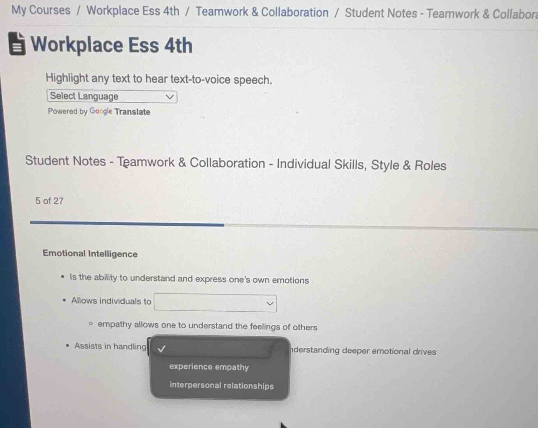 my courses / workplace ess 4th / teamwork & collaboration / student not…