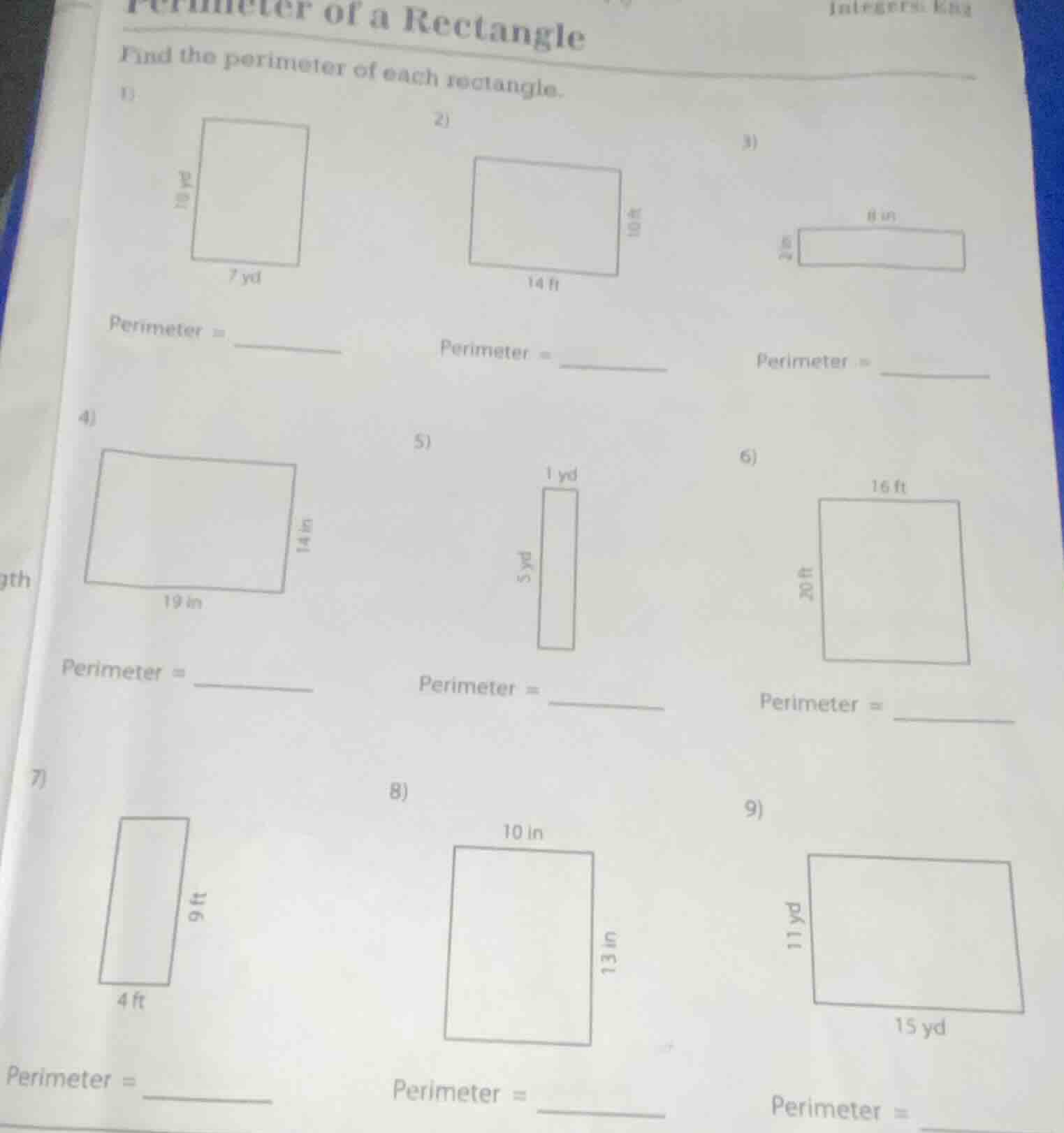 perimeter of a rectangle find the perimeter of each rectangle. 1) perim…