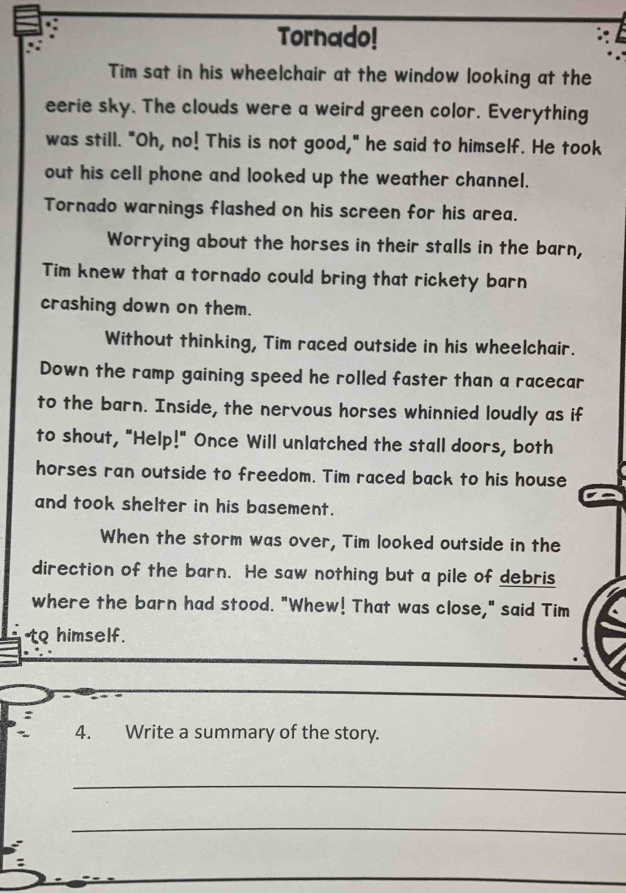 tornado! tim sat in his wheelchair at the window looking at the eerie s…