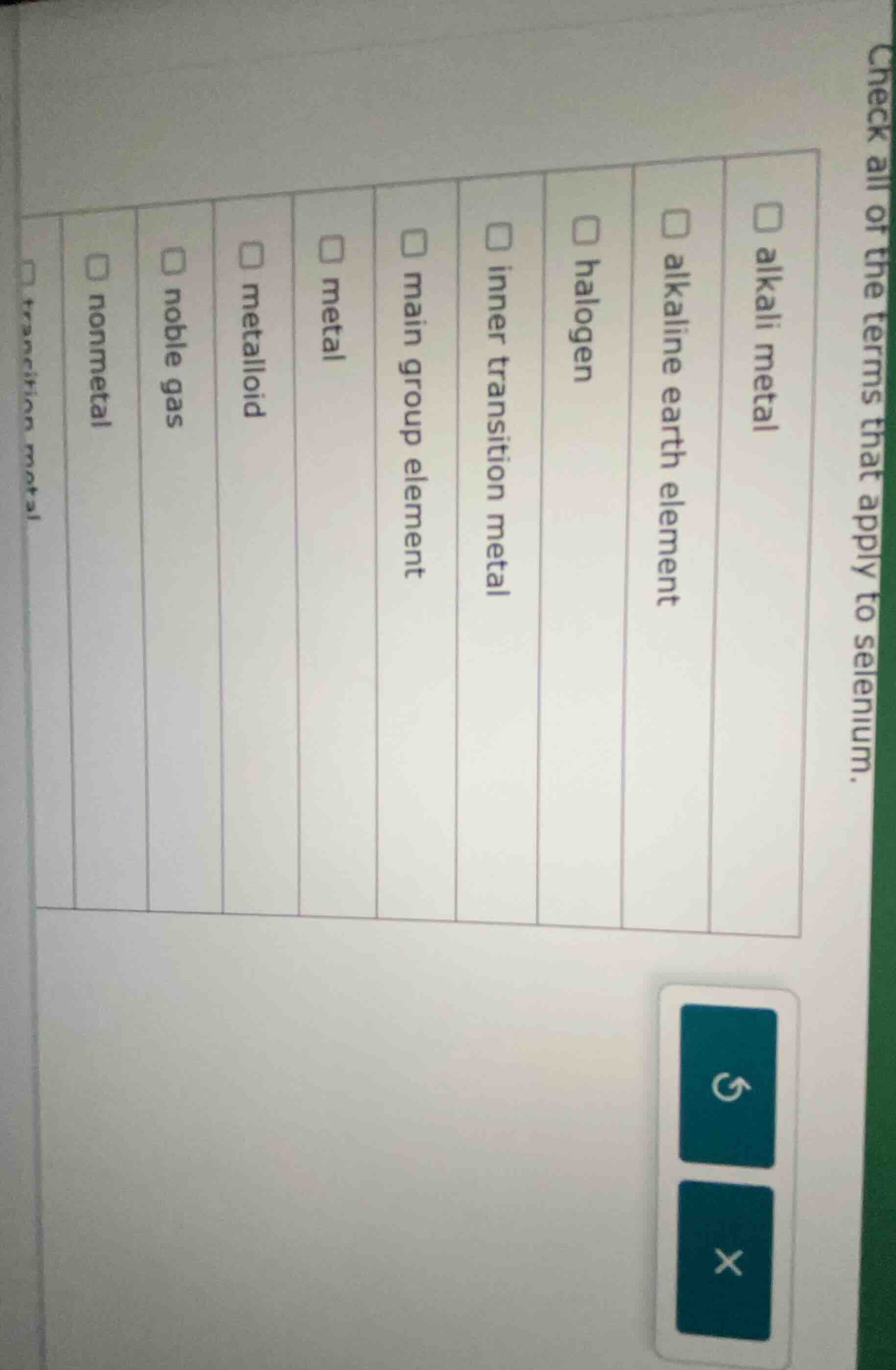 check all of the terms that apply to selenium. list of terms with check…