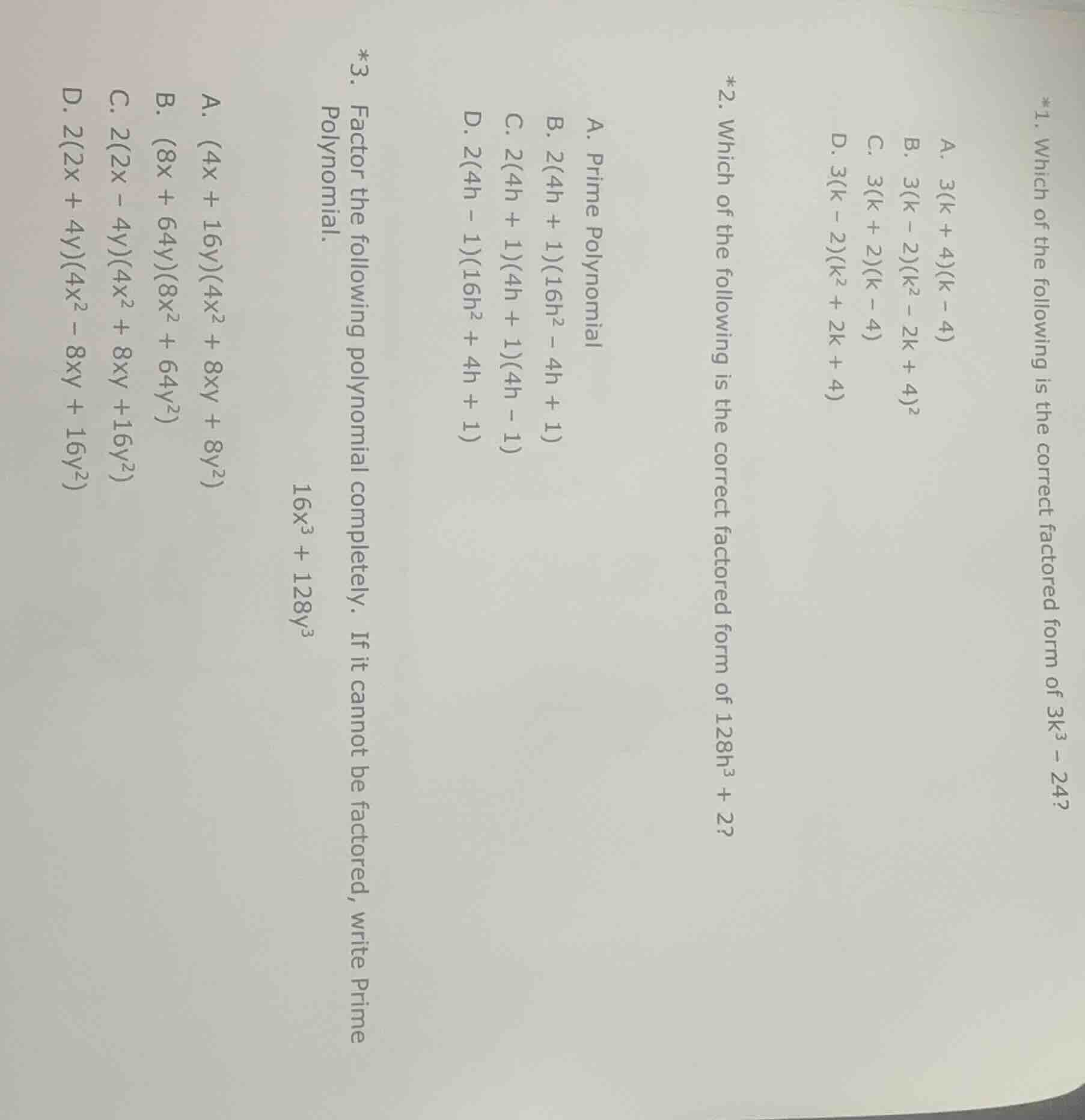 *1. which of the following is the correct factored form of $3k^3 - 24$?…